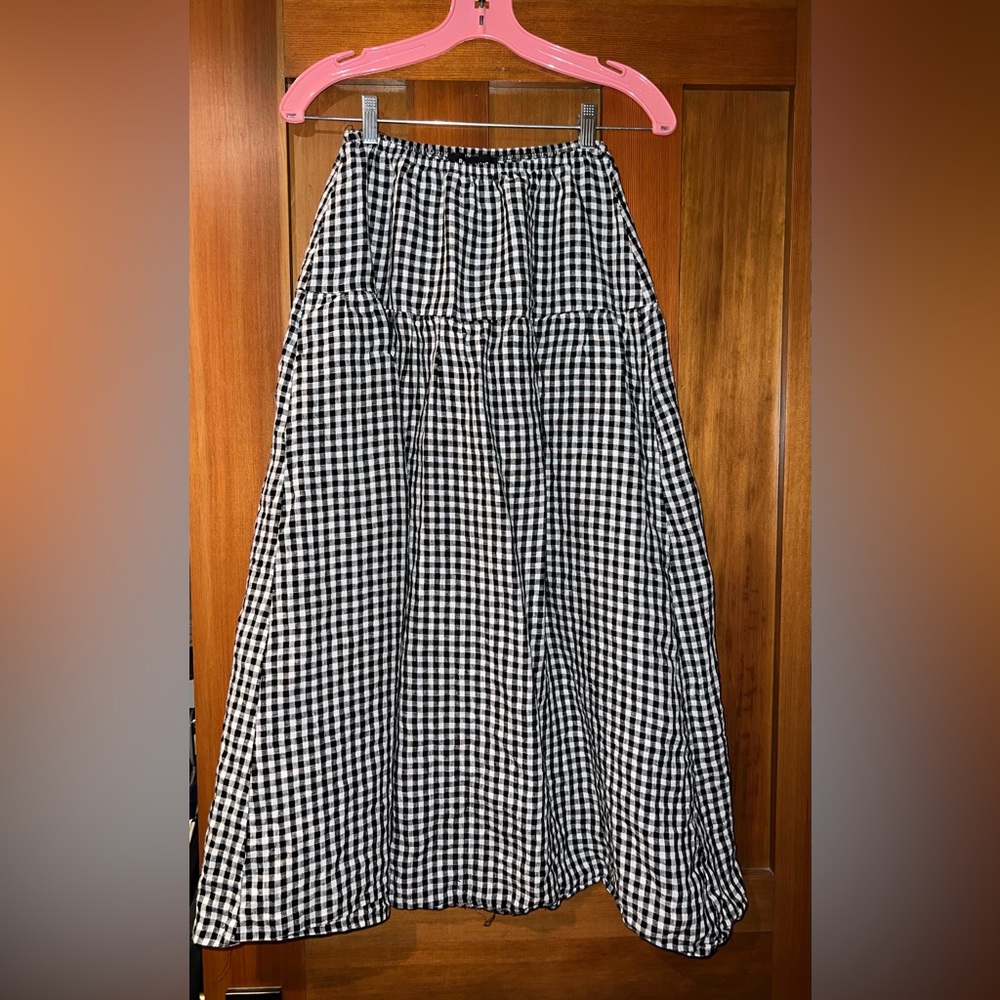Reformation Black and White Gingham Midi kitty Skirt